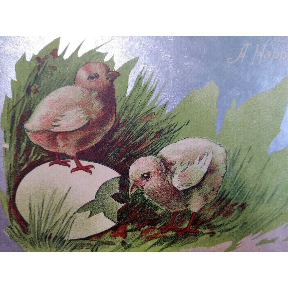 Easter Postcard Vintage Baby Chicks Cracked Egg Original Vintage Silver Linen